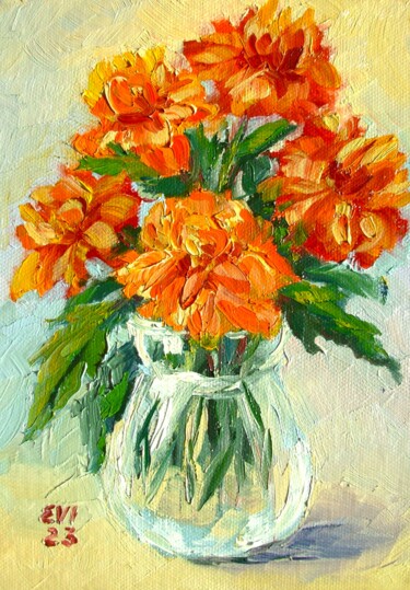 Painting titled "Marigold Flowers Or…" by Elena Ivanova, Original Artwork, Oil Mounted on Cardboard