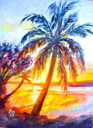 Painting titled "Sunset in paradise…" by Elena Ivanova, Original Artwork, Oil Mounted on Wood Stretcher frame