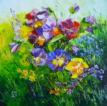 Painting titled "Pansies Floral Orig…" by Elena Ivanova, Original Artwork, Oil Mounted on Wood Stretcher frame