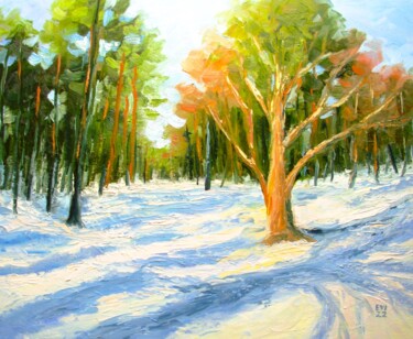 Картина под названием "First snow Landscap…" - Elena Ivanova, Подлинное произведение искусства, Масло Установлен на Деревянн…