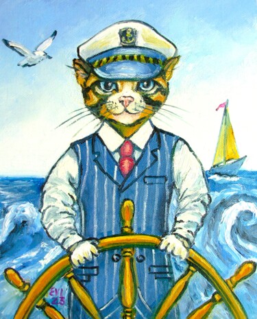 Peinture intitulée "Cat Seascape Origin…" par Elena Ivanova, Œuvre d'art originale, Huile Monté sur Carton