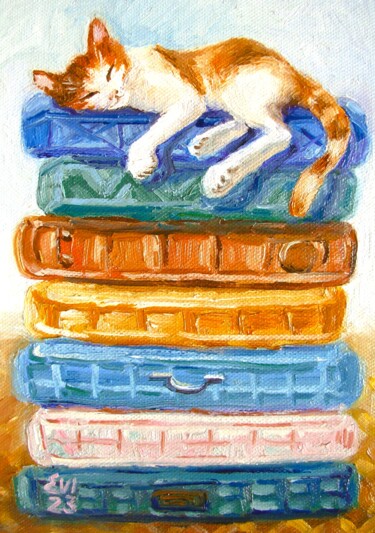 Peinture intitulée "Sleeping cat Animal…" par Elena Ivanova, Œuvre d'art originale, Huile Monté sur Carton