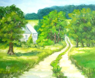 Painting titled "Farm House 2 Landsc…" by Elena Ivanova, Original Artwork, Oil Mounted on Cardboard