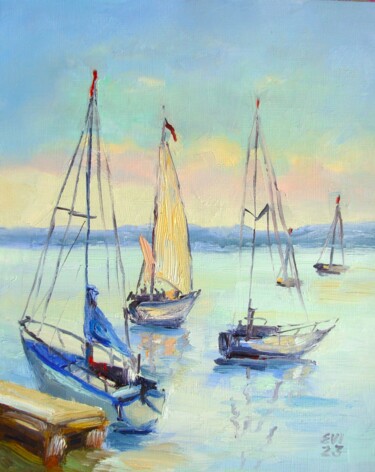 Pittura intitolato "Yachts Seascape Fra…" da Elena Ivanova, Opera d'arte originale, Olio