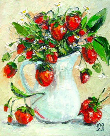 Painting titled "Strawberries Still…" by Elena Ivanova, Original Artwork, Oil Mounted on Wood Stretcher frame