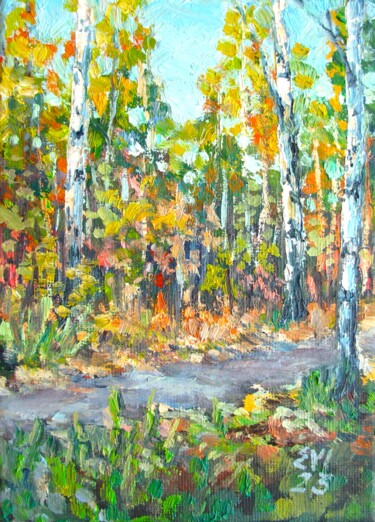 Painting titled "Autumn grove Landsc…" by Elena Ivanova, Original Artwork, Oil Mounted on Wood Stretcher frame