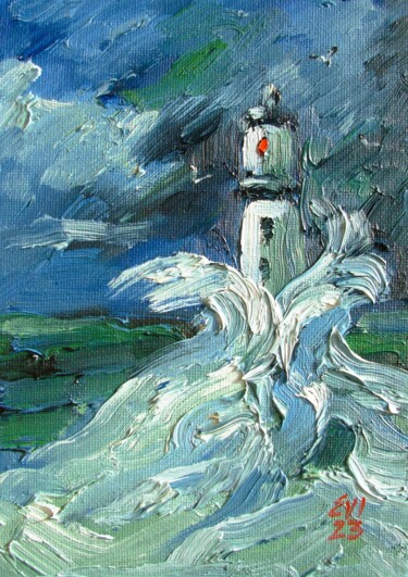 Картина под названием "Lighthouse Storm Se…" - Elena Ivanova, Подлинное произведение искусства, Масло Установлен на картон