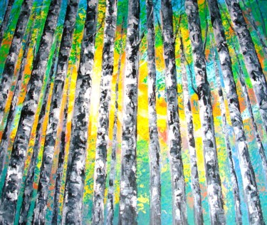 Картина под названием "Sunlight Birch tree…" - Elena Ivanova, Подлинное произведение искусства, Акрил Установлен на Деревянн…