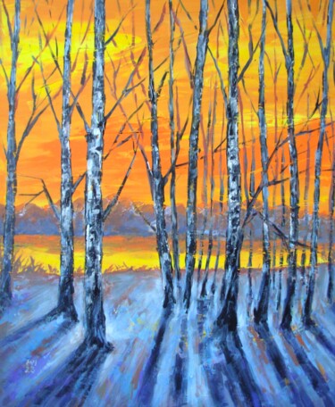 Painting titled "Birch trees Sunset…" by Elena Ivanova, Original Artwork, Acrylic Mounted on Wood Stretcher frame