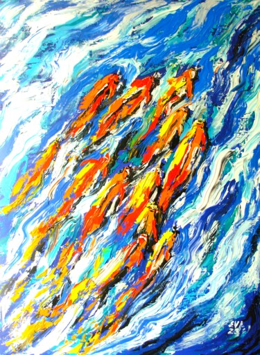 Pittura intitolato "Koi-fish Seascape O…" da Elena Ivanova, Opera d'arte originale, Acrilico Montato su Telaio per barella i…