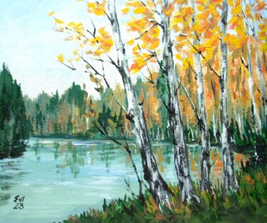 Peinture intitulée "Birch trees Autumn…" par Elena Ivanova, Œuvre d'art originale, Acrylique Monté sur Carton