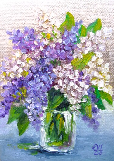 Painting titled "Lilac Floral Origin…" by Elena Ivanova, Original Artwork, Oil Mounted on Cardboard