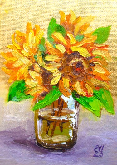 Painting titled "Sunflower Floral Or…" by Elena Ivanova, Original Artwork, Oil Mounted on Cardboard