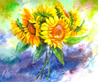 Painting titled "Sunflowers Floral O…" by Elena Ivanova, Original Artwork, Oil Mounted on Wood Stretcher frame