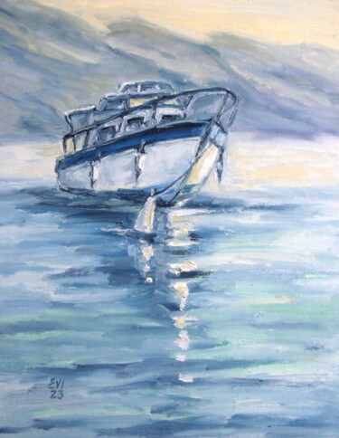 Painting titled "Yacht Seascape Orig…" by Elena Ivanova, Original Artwork, Oil Mounted on Cardboard