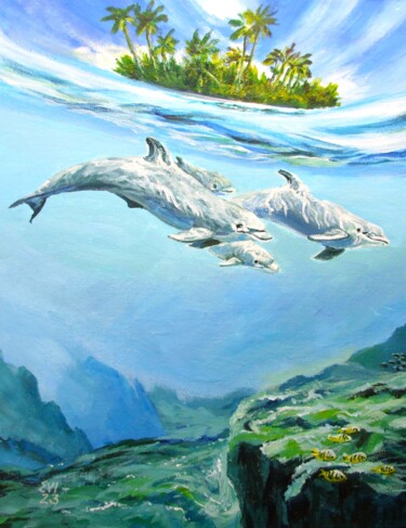 Painting titled "Dolphins Animal Ori…" by Elena Ivanova, Original Artwork, Acrylic Mounted on Cardboard