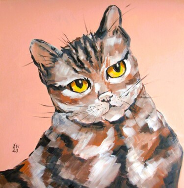 Pintura intitulada "Cat with amber eyes…" por Elena Ivanova, Obras de arte originais, Acrílico Montado em Armação em madeira