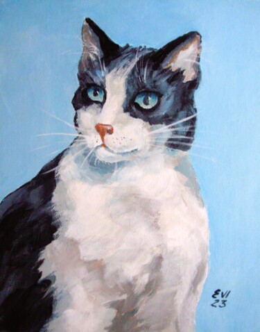 Painting titled "Black and white cat…" by Elena Ivanova, Original Artwork, Acrylic Mounted on Cardboard