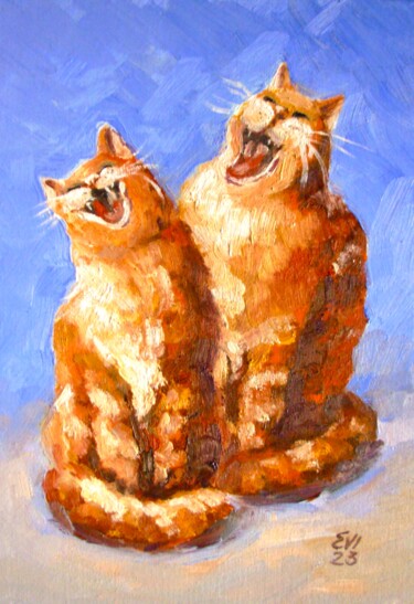 Painting titled "Singing ginger cats…" by Elena Ivanova, Original Artwork, Oil Mounted on Cardboard