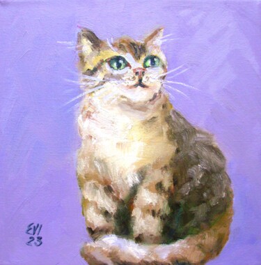 Painting titled "Cat with green eyes…" by Elena Ivanova, Original Artwork, Oil Mounted on Wood Stretcher frame