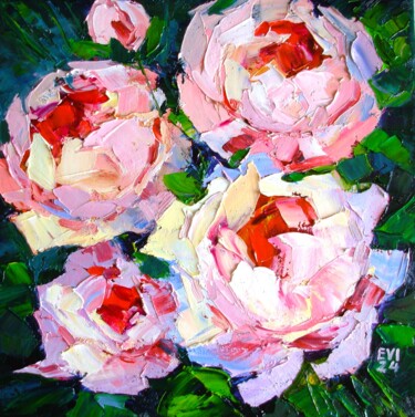 Painting titled "Peonies Flowers Ori…" by Elena Ivanova, Original Artwork, Oil Mounted on Wood Stretcher frame