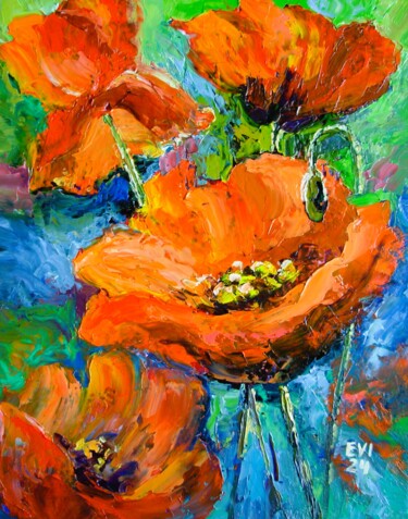Painting titled "Poppies Flowers Ori…" by Elena Ivanova, Original Artwork, Oil Mounted on Wood Stretcher frame