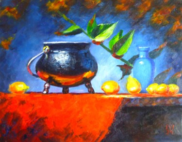 Картина под названием "Still life with lem…" - Elena Ivanova, Подлинное произведение искусства, Масло Установлен на картон