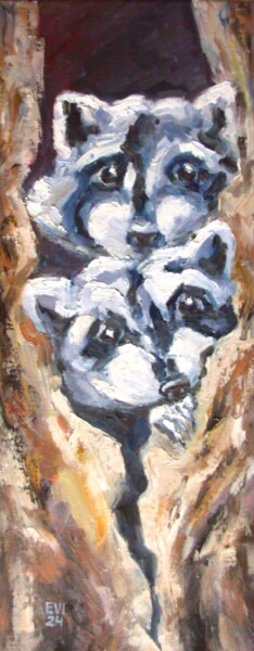Painting titled "Raccoons Animal Oil…" by Elena Ivanova, Original Artwork, Oil Mounted on Wood Stretcher frame