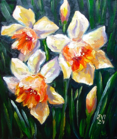 Painting titled "Daffodils Flower Or…" by Elena Ivanova, Original Artwork, Oil Mounted on Wood Stretcher frame