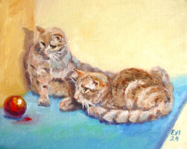 Painting titled "Ginger kittens Cat…" by Elena Ivanova, Original Artwork, Oil Mounted on Cardboard