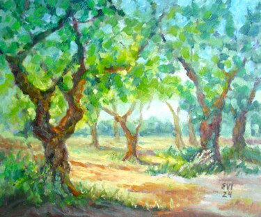 Schilderij getiteld "Olive grove Landsca…" door Elena Ivanova, Origineel Kunstwerk, Olie Gemonteerd op Karton