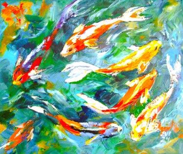Schilderij getiteld "Koi-fish Seascape O…" door Elena Ivanova, Origineel Kunstwerk, Olie Gemonteerd op Frame voor houten bra…