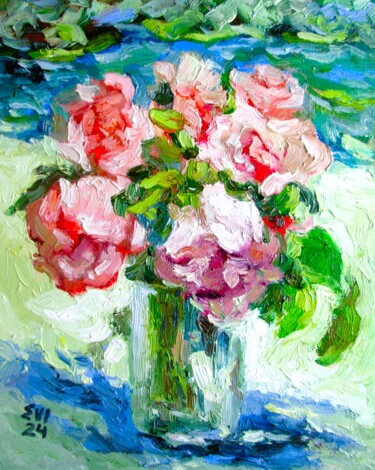 Painting titled "Peonies in vase Flo…" by Elena Ivanova, Original Artwork, Oil Mounted on Cardboard