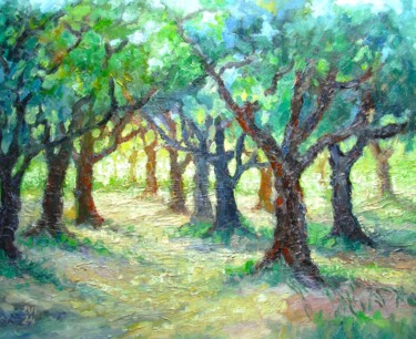 Painting titled "Olive Grove Landsca…" by Elena Ivanova, Original Artwork, Oil Mounted on Wood Stretcher frame