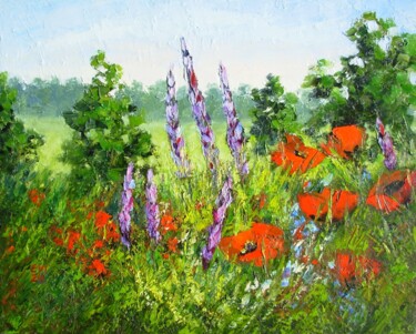 Painting titled "Poppies field Lands…" by Elena Ivanova, Original Artwork, Oil Mounted on Wood Stretcher frame