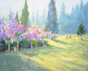 Painting titled "Blossom Landscape O…" by Elena Ivanova, Original Artwork, Oil Mounted on Cardboard