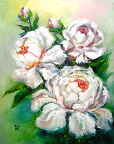 Painting titled "White peonies Flowe…" by Elena Ivanova, Original Artwork, Oil Mounted on Cardboard
