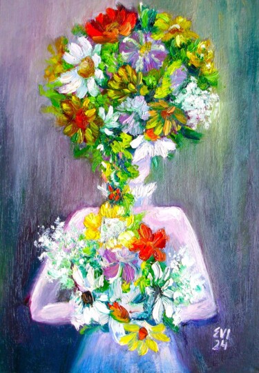 Schilderij getiteld "Flower Bride People…" door Elena Ivanova, Origineel Kunstwerk, Olie Gemonteerd op Karton
