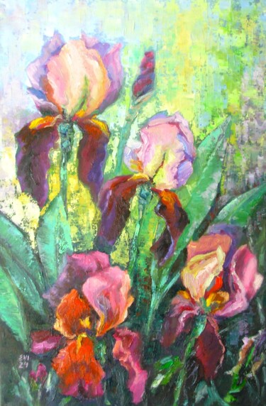 Картина под названием "Irises Flowers Orig…" - Elena Ivanova, Подлинное произведение искусства, Масло Установлен на Деревянн…