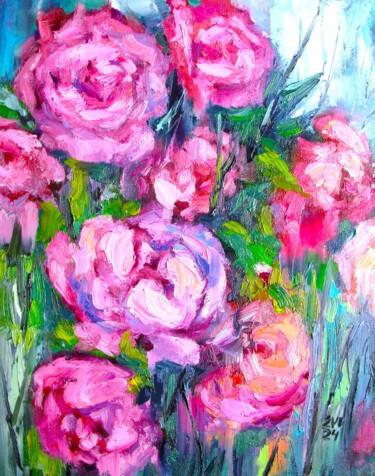 Pittura intitolato "Pink roses" da Elena Ivanova, Opera d'arte originale, Olio Montato su Telaio per barella in legno
