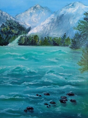 Painting titled "Изумрудная вода" by Elena Ivanova, Original Artwork, Oil Mounted on Wood Stretcher frame