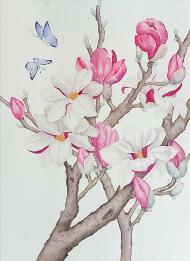 Malerei mit dem Titel "Magnolia #2" von Elena Kazachkina, Original-Kunstwerk, Aquarell