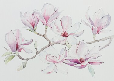Peinture intitulée "Magnolias" par Elena Kazachkina, Œuvre d'art originale, Aquarelle