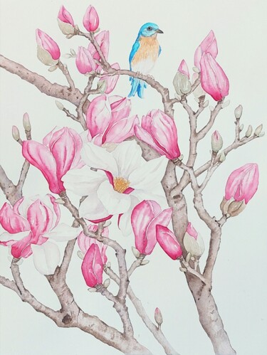 Painting titled "Magnolia #3" by Elena Kazachkina, Original Artwork, Watercolor