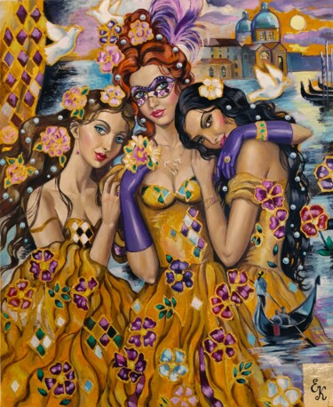 Painting titled "Carnaval de Venise" by Elena Khmeleva, Original Artwork, Oil Mounted on Wood Stretcher frame