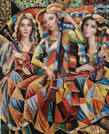 Painting titled "Trio musical" by Elena Khmeleva, Original Artwork, Oil Mounted on Wood Stretcher frame