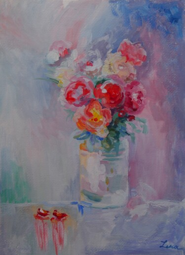 Pintura intitulada "Pink and Red Peonies" por Elena Kondrateva, Obras de arte originais, Guache