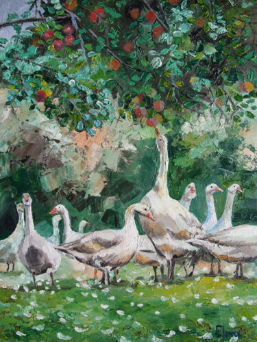 Painting titled "Geese and Apple Tre…" by Elena Kondrateva, Original Artwork, Oil