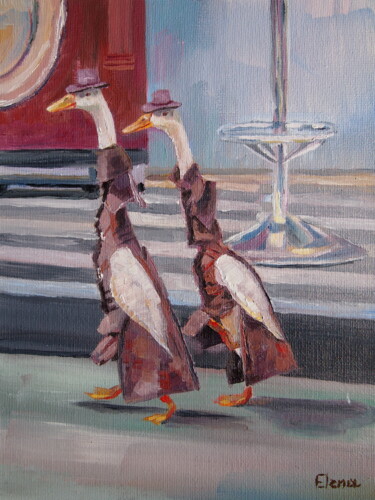 Pintura intitulada "Ducks in costume" por Elena Kondrateva, Obras de arte originais, Óleo