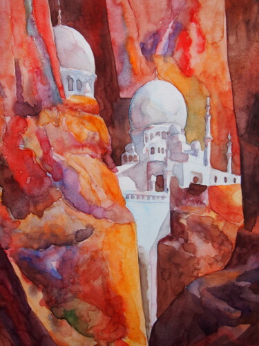 Pintura intitulada "Red Canyon" por Elena Kondrateva, Obras de arte originais, Aquarela